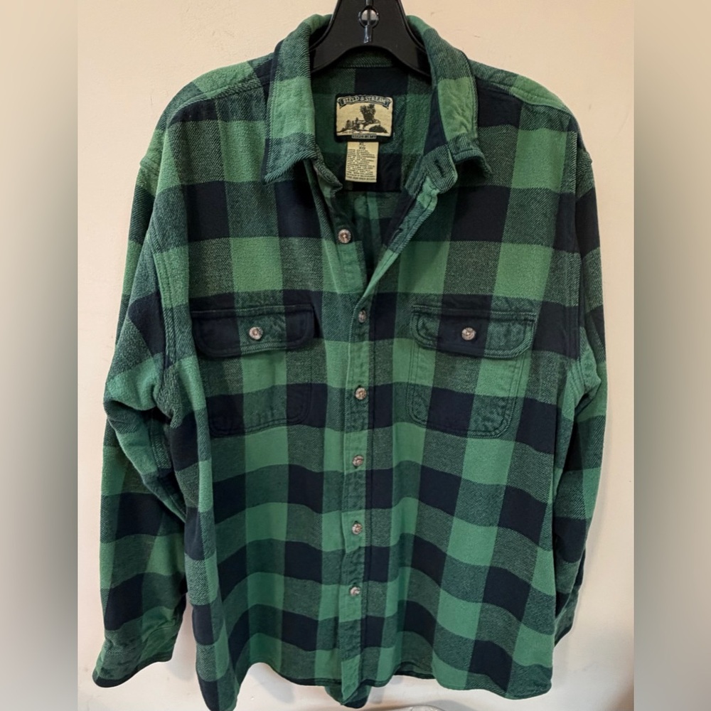 Field & Stream Flannel Shirt Mens XL Green Black Plaid Buffalo Check Long Sleeve